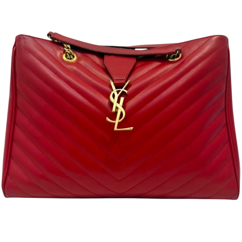YVES SAINT LAURENT Red Quilted Grained Leather Monogram Chain Cassandre Tote Bag
